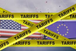 flaga USA i UE z taśmami taryfy celne