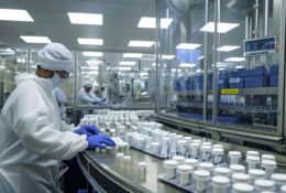Pracownicy zakładów zajmujących się pakowaniem produktów farmaceutycznych obsługują zaawansowane maszyny do pakowania i etykietowania leków