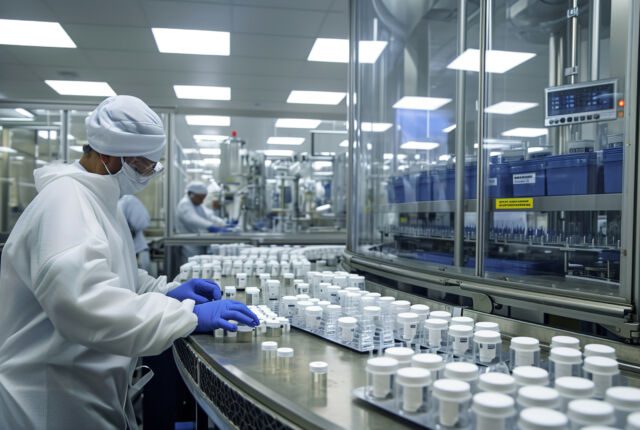 Pracownicy zakładów zajmujących się pakowaniem produktów farmaceutycznych obsługują zaawansowane maszyny do pakowania i etykietowania leków