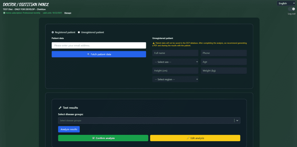 English doctor panel – AI-assisted interface for patient monitoring, diet validation, and reports.
