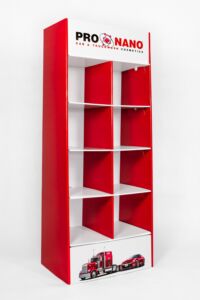 Digitally produced freestanding display made of cardboard.