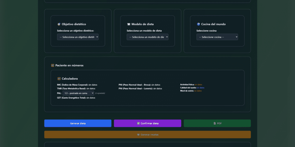 Spanish doctor panel – multilingual clinical dashboard for managing diet and patient data.