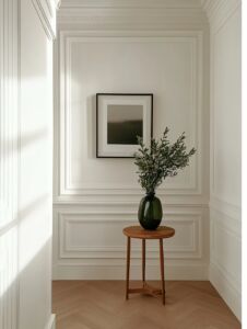 Image represents reach and stylish room arrangement: skirting boards, wall moldings, cornice moldings in white colors.