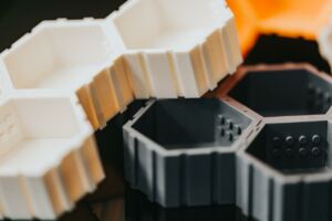 Examples of plastic components produced by injection moulding.