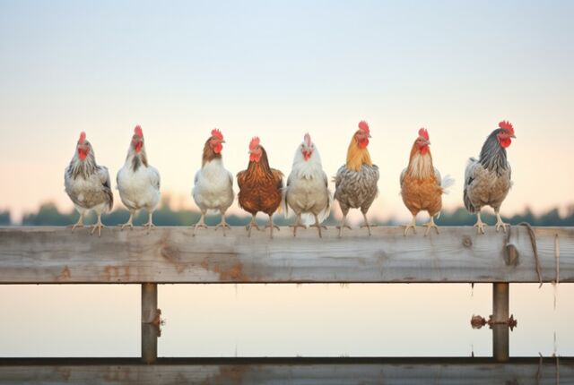 kurczaki siedzace na drewnianej belce