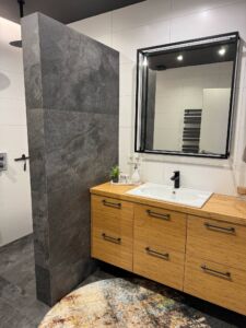 Washbasin cabinet made of bamboo veneer with 6 BLUM system drawers.