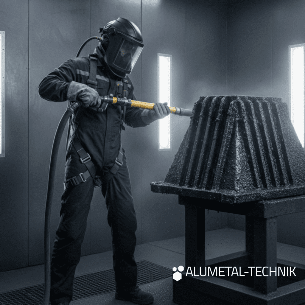 Shot blasting operator blasting a casting, removing mill scale