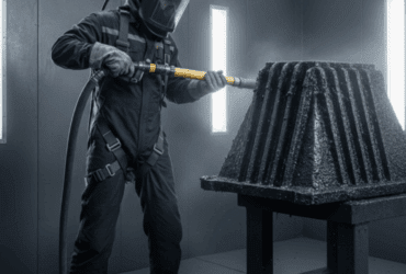 Shot blasting operator blasting a casting, removing mill scale