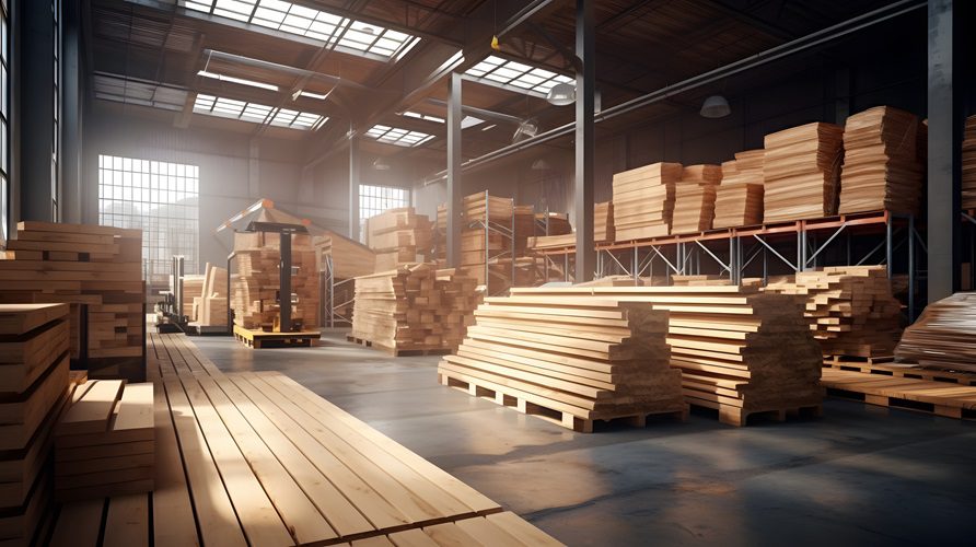 drewniane belko i paczki drewna w magazynie