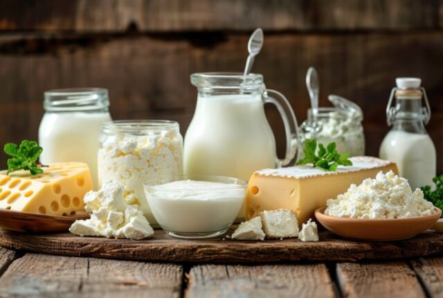 różne wyroby mleczne na drewnianej podstawie
