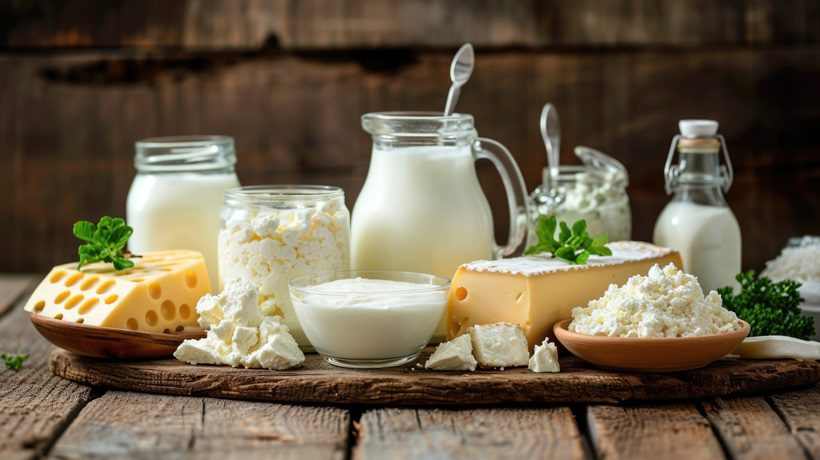 różne wyroby mleczne na drewnianej podstawie