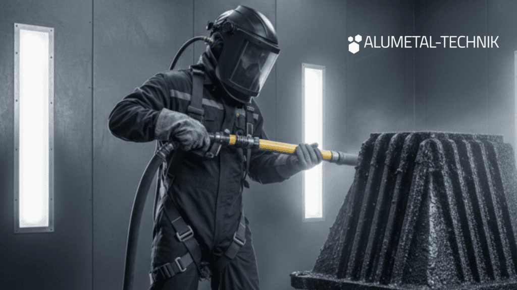 Shot blasting operator blasting a casting, removing mill scale