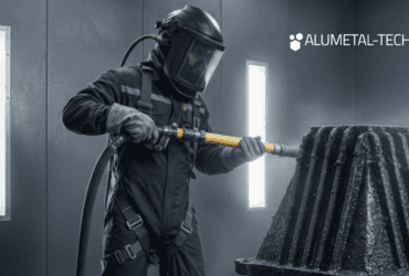 Shot blasting operator blasting a casting, removing mill scale