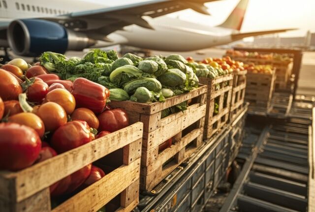 warzywa i owoce z samolotem w tle