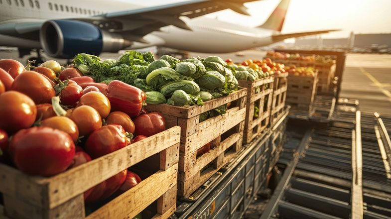 warzywa i owoce z samolotem w tle