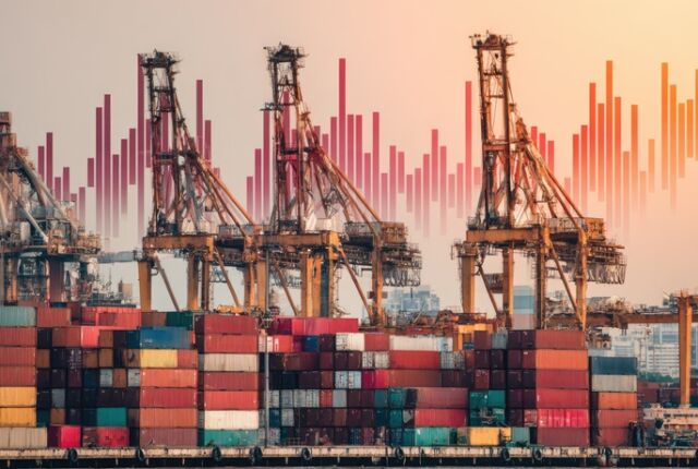 duży statek kontenerowy i wskaźniki wzrostu i spadków