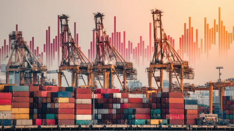 duży statek kontenerowy i wskaźniki wzrostu i spadków