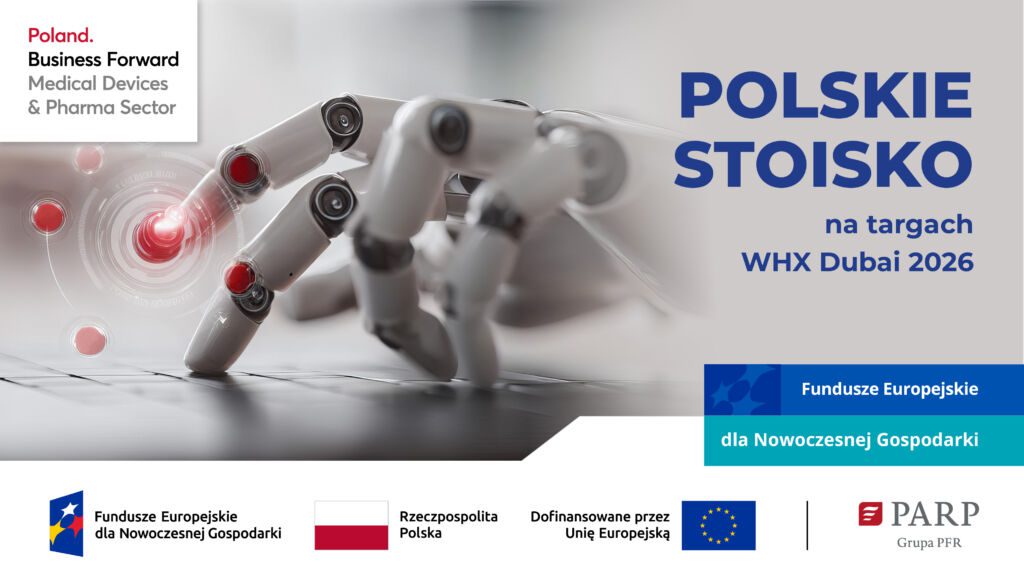 baner promujący stoisko narodowe na targach WHX Dubai 2026. znajduje się na nim zdjęcie pokazujące rękę robota i logotypy projektowe. the banner promotes the organisation of Polish stand at WHX Dubai 2026. the banner contains photo of robot's hand and project's logotypes.