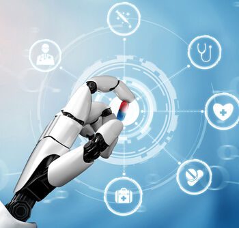 Trójwymiarowa wizualizacja medycznego robota wykorzystującego sztuczną inteligencję pracującego w szpitalu przyszłości.