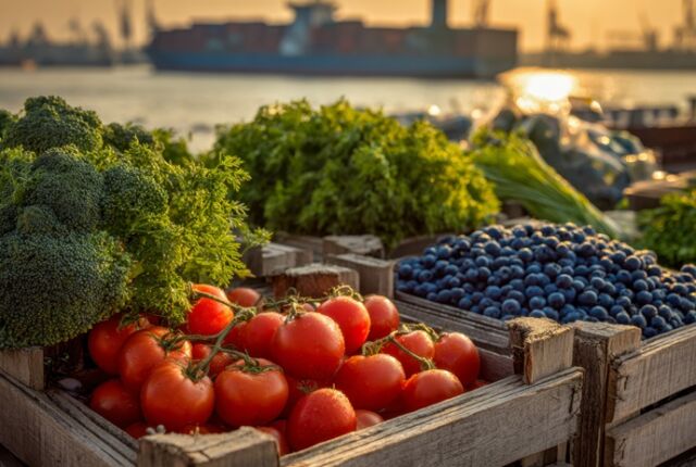 skrzynie z żywnością i statek w tle