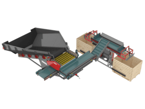 Receiving line with mobile receiving bunker and box pallet tippers and fillers