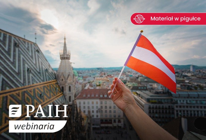 widok na dachy budynkow i flaga Austrii