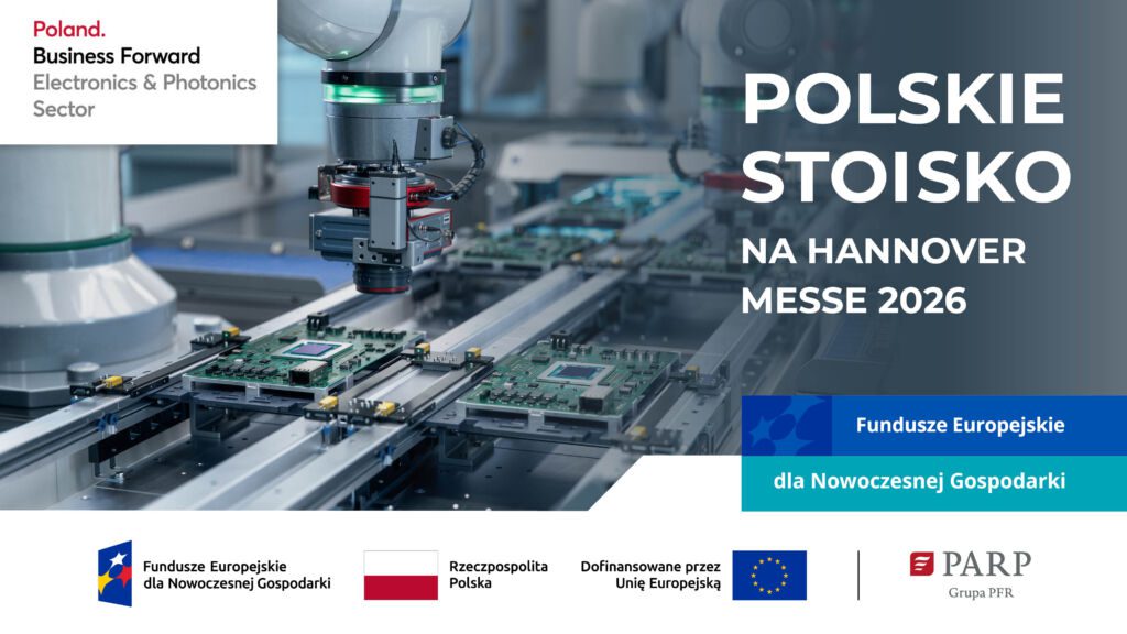 Grafika przedstawiająca fragment linii produkcyjnej półprzewodników, informację o organizacji stoiska narodowego na targach Hannover Messe 2026 oraz logotypy porgamu